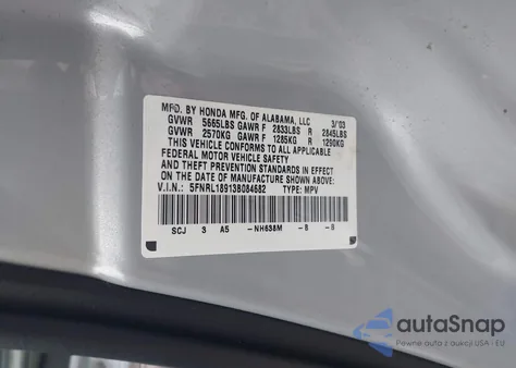2003 Honda Odyssey Ex-L from USA, damaged, VIN 5FNRL18913B084682